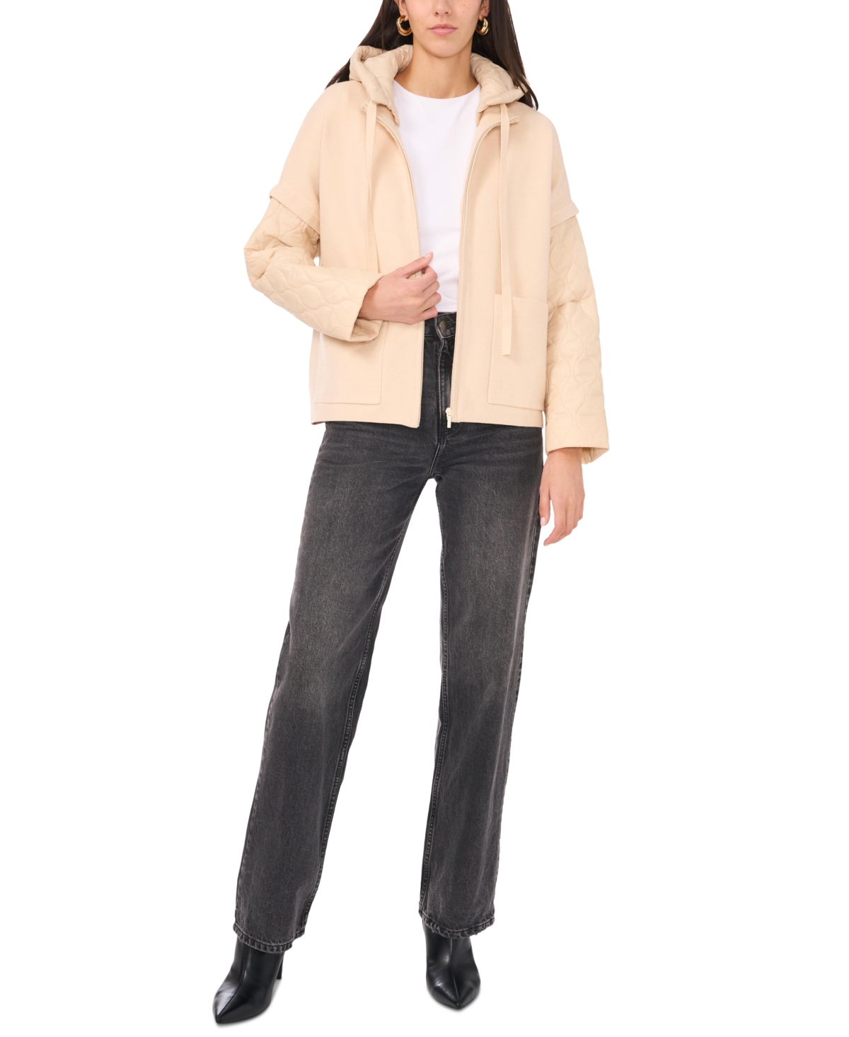 Shop Vince Camuto Women's Quilted-sleeve Mixed-media Jacket In Stone