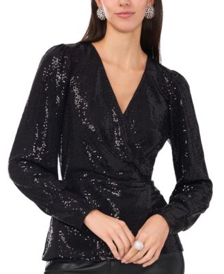 Women's Sequined Faux-Wrap Long-Sleeve Top