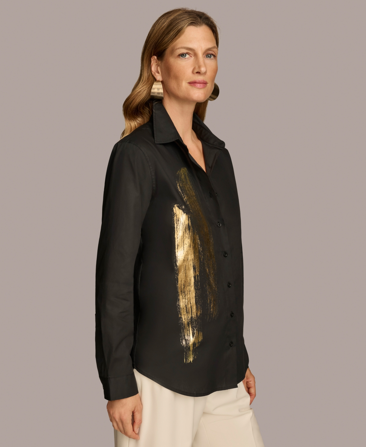 Donna Karan New York Women's Metallic Detail Button-Down Shirt -Gold Multi