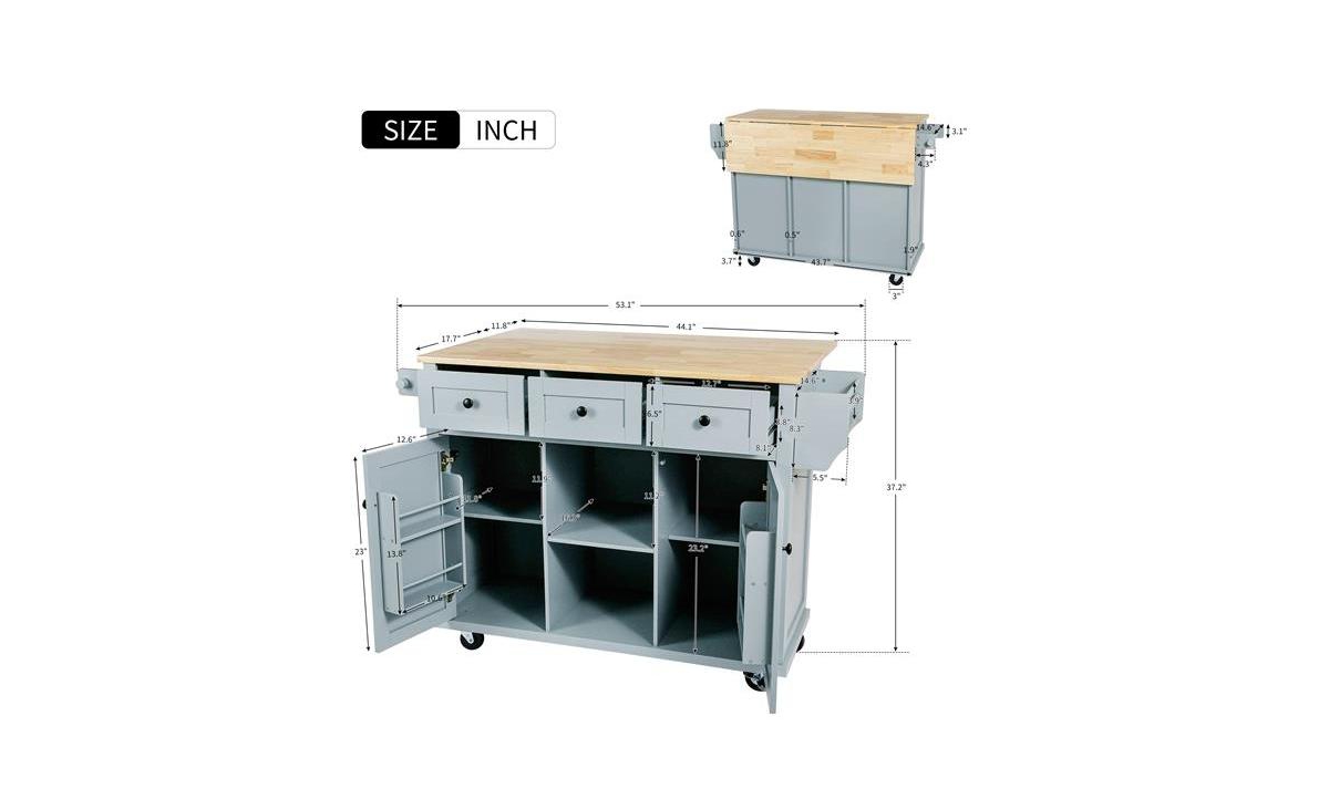 Slickblue Kitchen Cart with Rubber Wood Drop-Leaf Countertop Cabinet Door with Internal Storage Racks, 5 Wheels, 3 Drawers