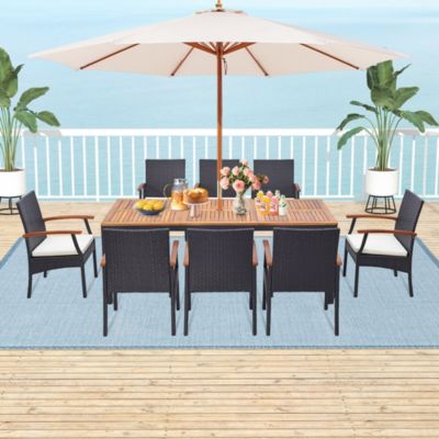 9 PCS Patio Rattan Dining Set with Acacia Wood Table, Cushions, 1.9" Umbrella Hole