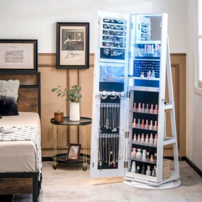 360° Swivel Jewelry Cabinet Organizer 3-Color LED Mirror with Built-in Lights