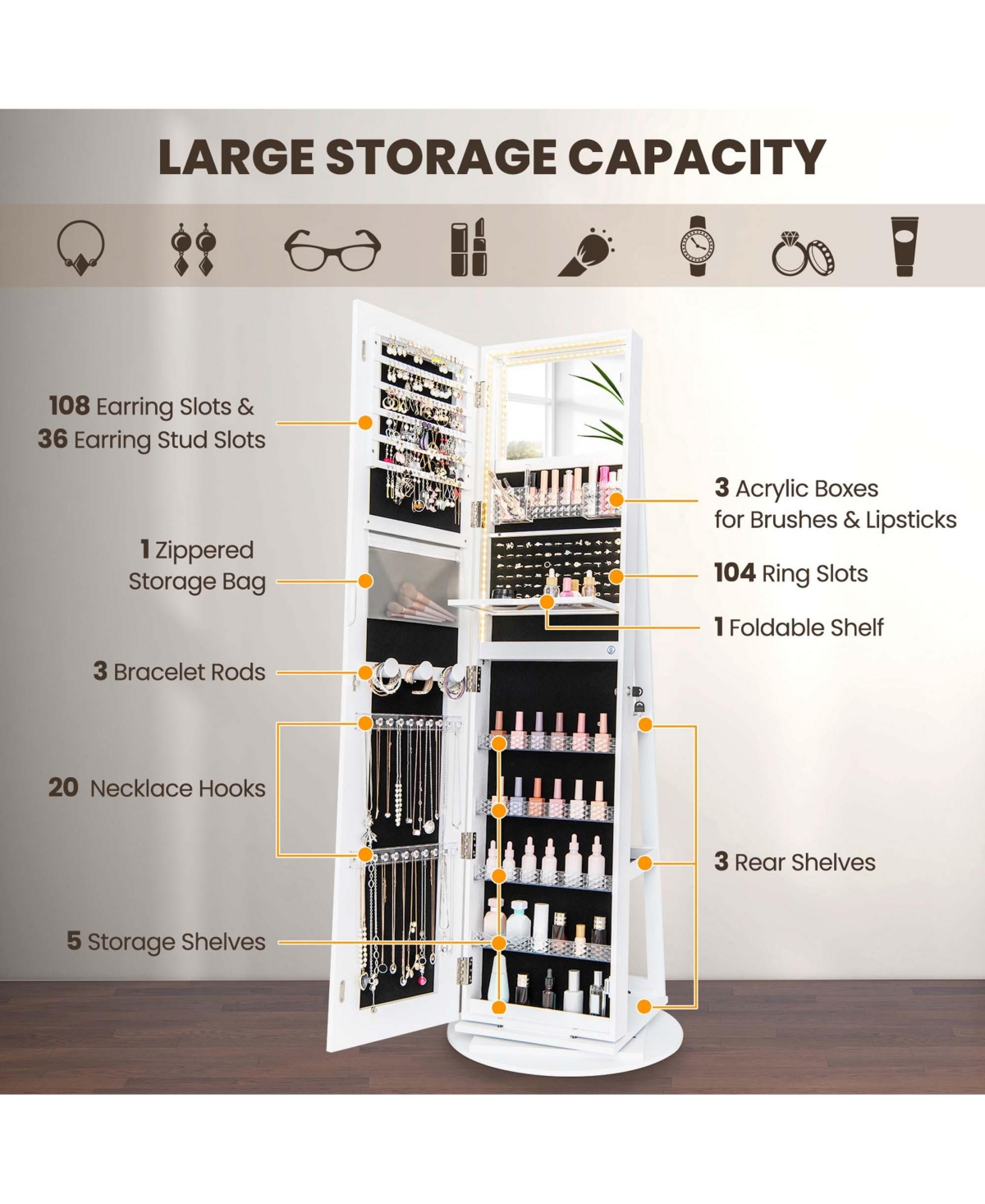 Costway 360° Swivel Jewelry Cabinet Organizer 3-Color Led Mirror with Built-in Lights