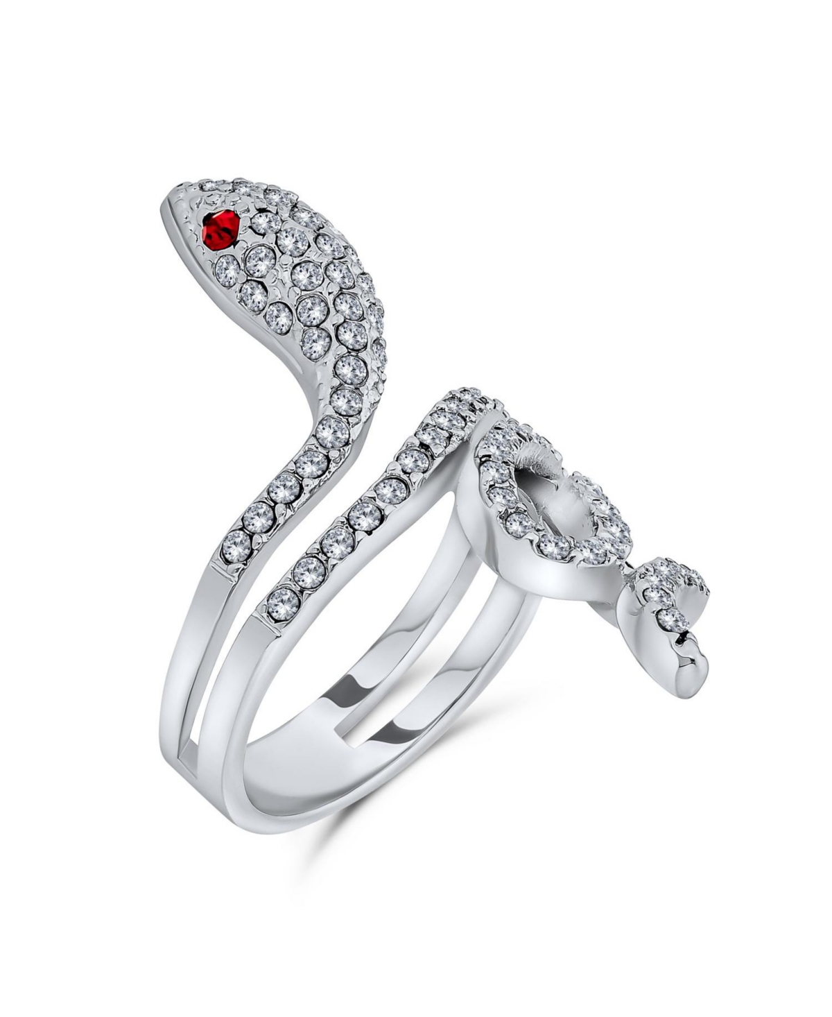 Bling Jewelry Spiral Wrap Serpent Snake Fashion Statement Ring For Women Red Eye Cubic Zirconia Pave CzPlated Brass - Silver