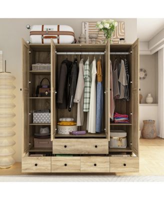 1 PC Wood Grain Rattan Doors Design Wardrobe with 5-Drawers Armoires