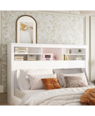 White Bookcase Headboard With Strong Storage And LED Light