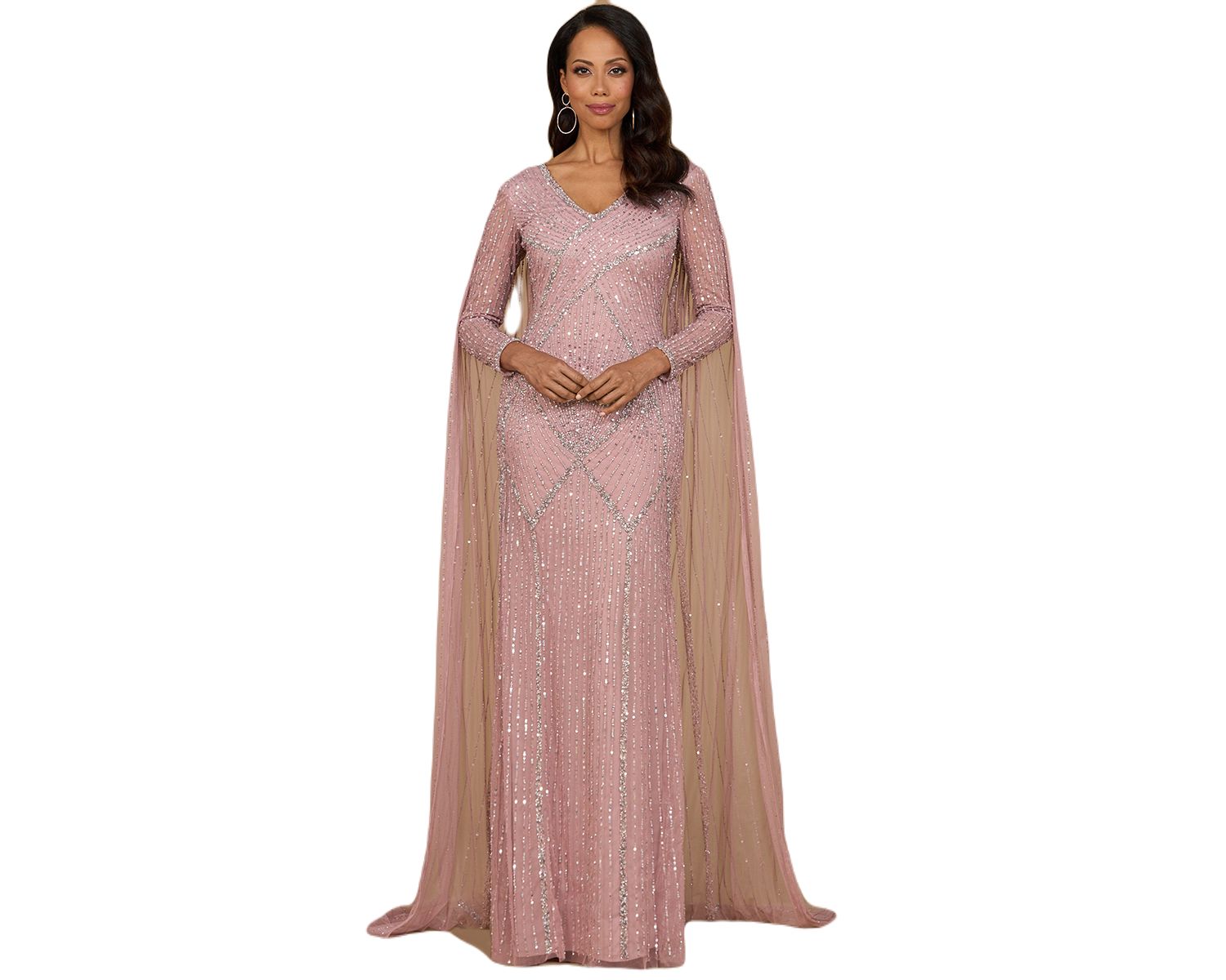 Women's Long Sleeve Beaded Gown with Cape