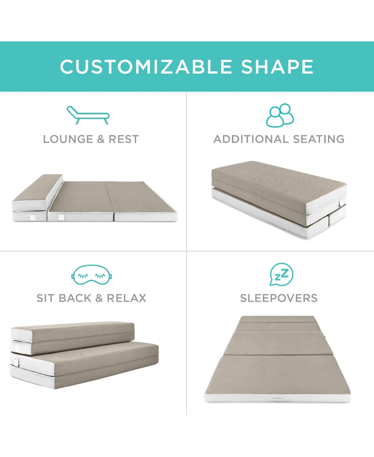 Best Choice Products 4in Thick Folding PortableMattress Topper w/ Carry Case, Washable Cover - Taupe