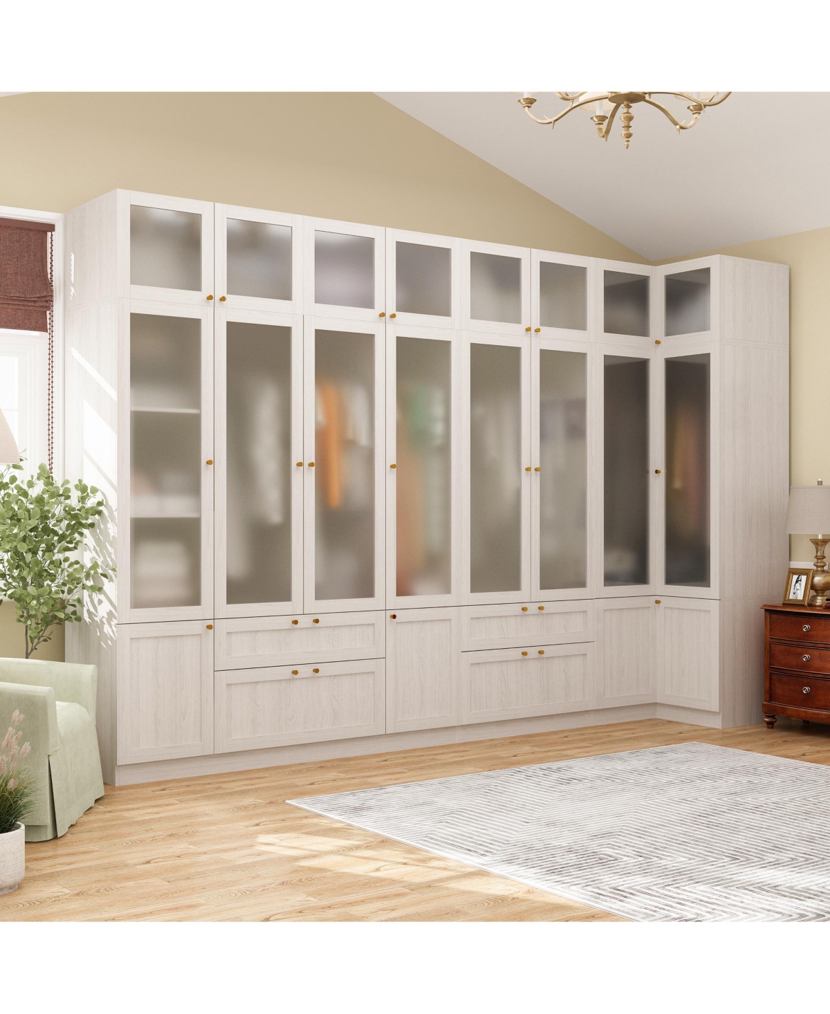 Famapy Tempered Glass Doors Big Armoires Wardrobe with Hanging Rods
