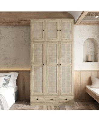Brown Rattan Doors Wardrobe with 3-Drawers,Hanging Rod,Top Cabinet