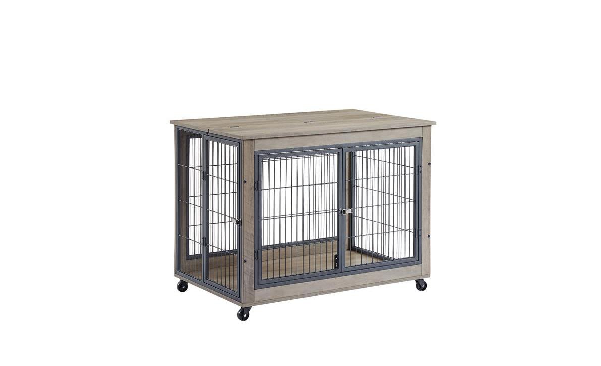Furniture Style Dog Crate Side Table on Wheels  Double Doors and Lift Top