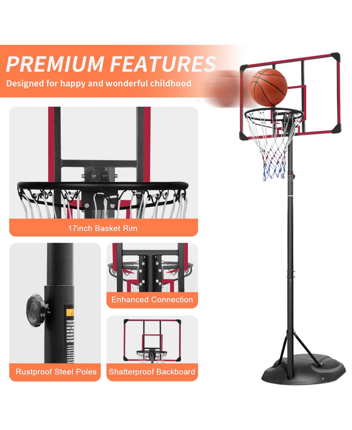Slickblue Portable Basketball Hoop System with Adjustable Stand, for Youth and Adults, Indoor/Outdoor - Red