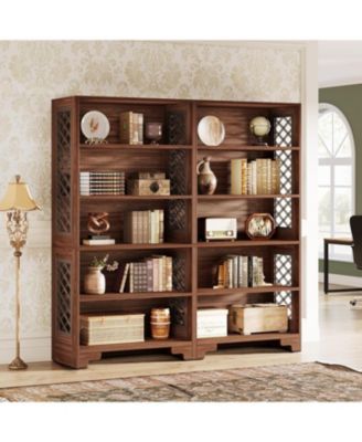 6-Tier Bookcase, 70.8" Vintage Tall Bookcase, Floor Standing 5-Shelf Display Rack Storage Shelves Set of 2