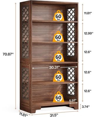 6-Tier Bookcase, 70.8" Vintage Tall Bookcase, Floor Standing 5-Shelf Display Rack Storage Shelves Set of 2
