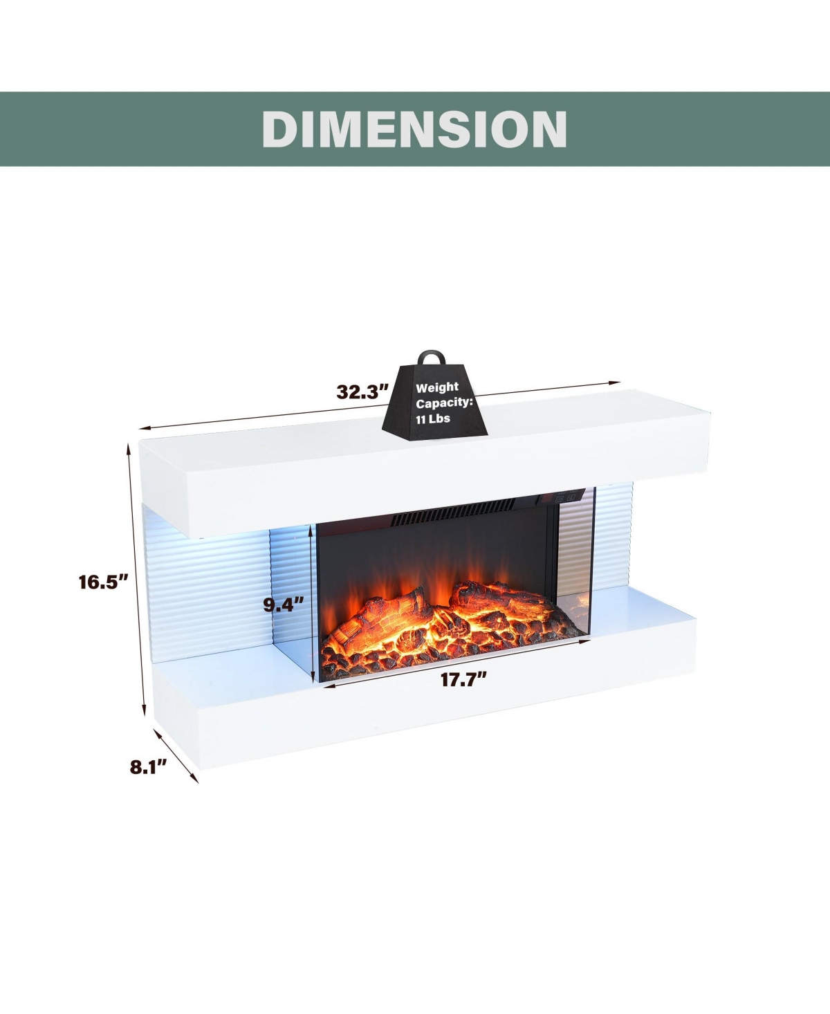 Mondawe Stylish Electric Fireplace with Suspended Led Light Mantel with Remote Control