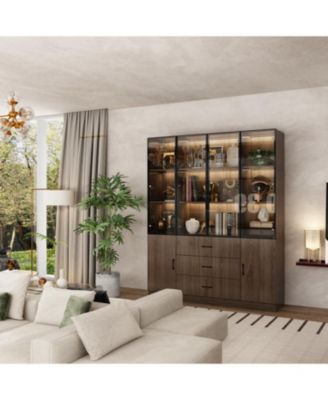 Brown Wood 13-Shelf Standard Bookcase with Pop up Glass Doors