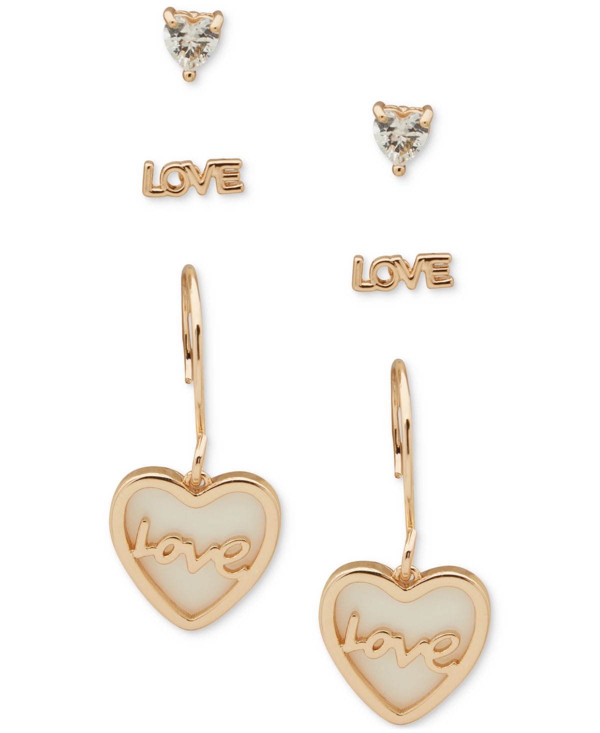 Gold-Tone 3-Pc. Set Cubic Zirconia & Mother-of-Pearl Heart Love Earrings - White