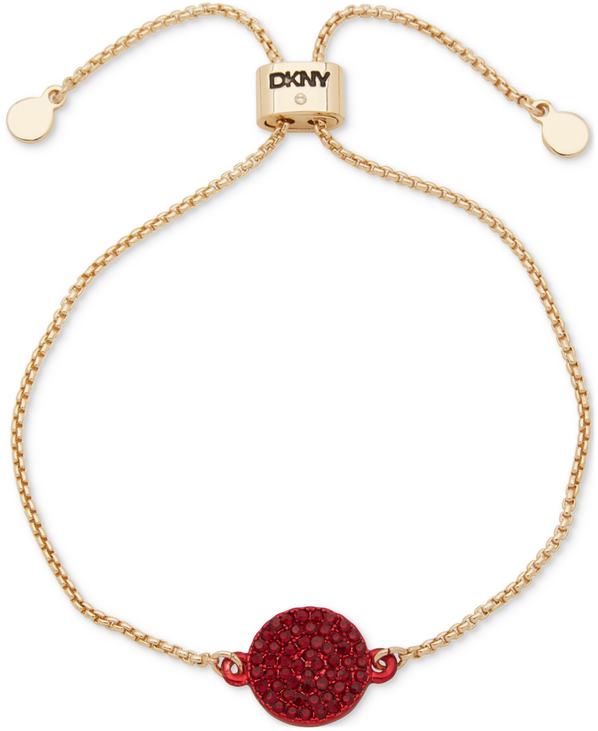 Dkny Gold-tone Pave Disc Charm Link Slider Bracelet In Red