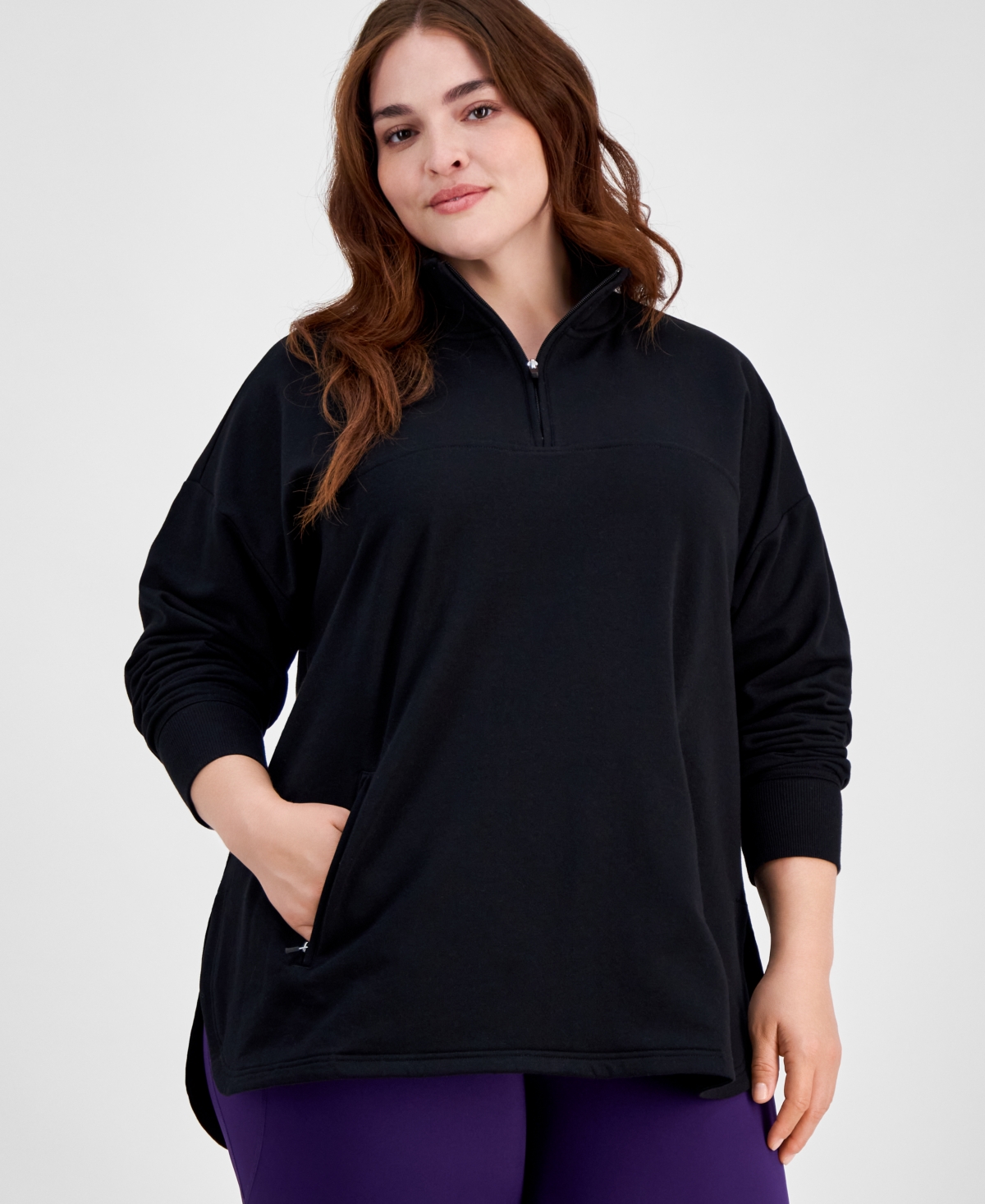 Plus Size Stand Collar Quarter-Zip Long-Sleeve Top, Created for Macy's - Lavendar Satch