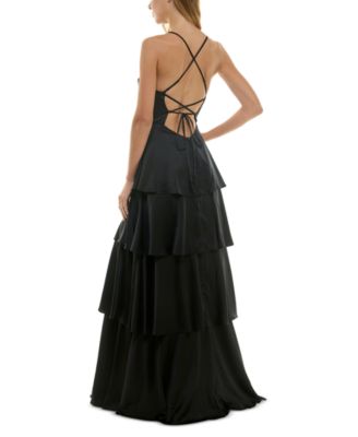 Juniors' Cowlneck Tiered Slit-Front Gown