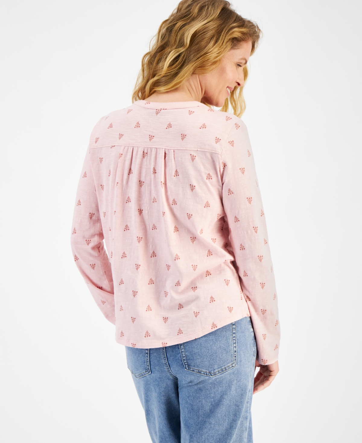 Style & Co Petite Winter Placement Printed Split-Neck Cotton Top, Created for Macy's