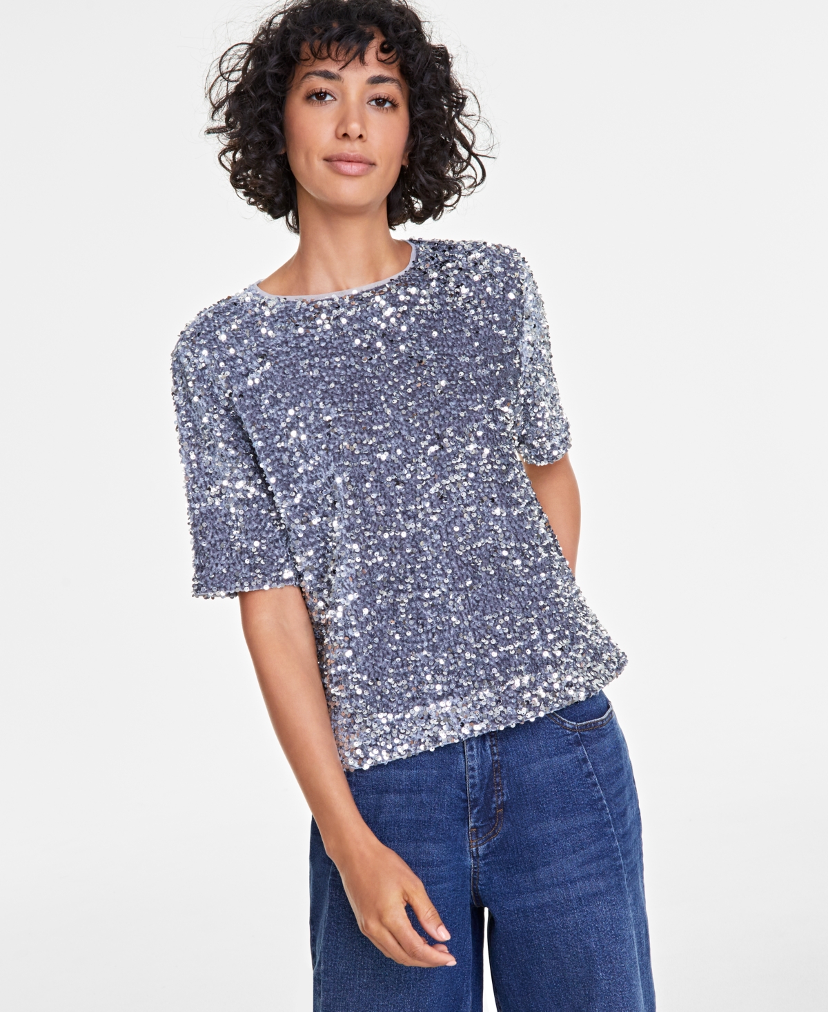 Women's Sequin Velvet Short-Sleeve Top, Created for Macy's - Shark Fin