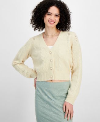 Sugar Moon - Juniors' Cable-Knit Bling-Button Cardigan Sweater