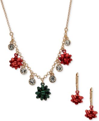 Anne Klein - Gold-Tone Crystal & Color Bow Statement Necklace & Drop Earrings Set