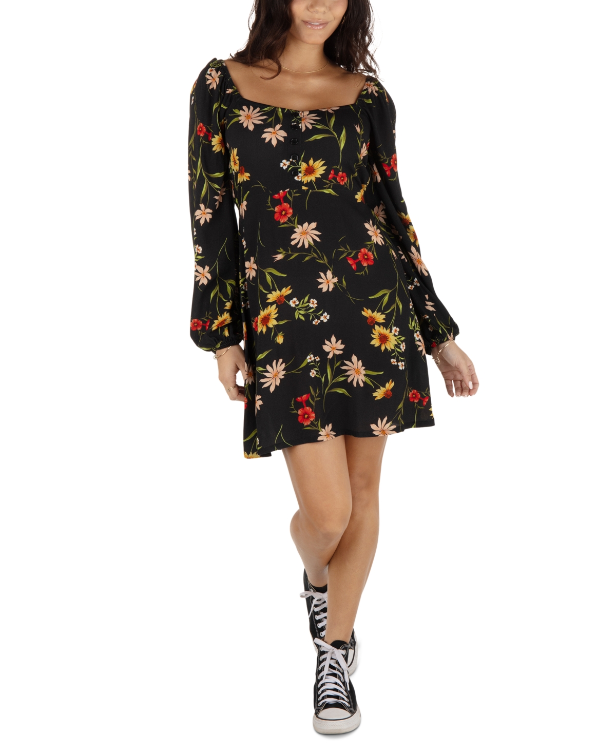 HURLEY JUNIORS' MEADOW BREEZE LONG-SLEEVE MINI DRESS 