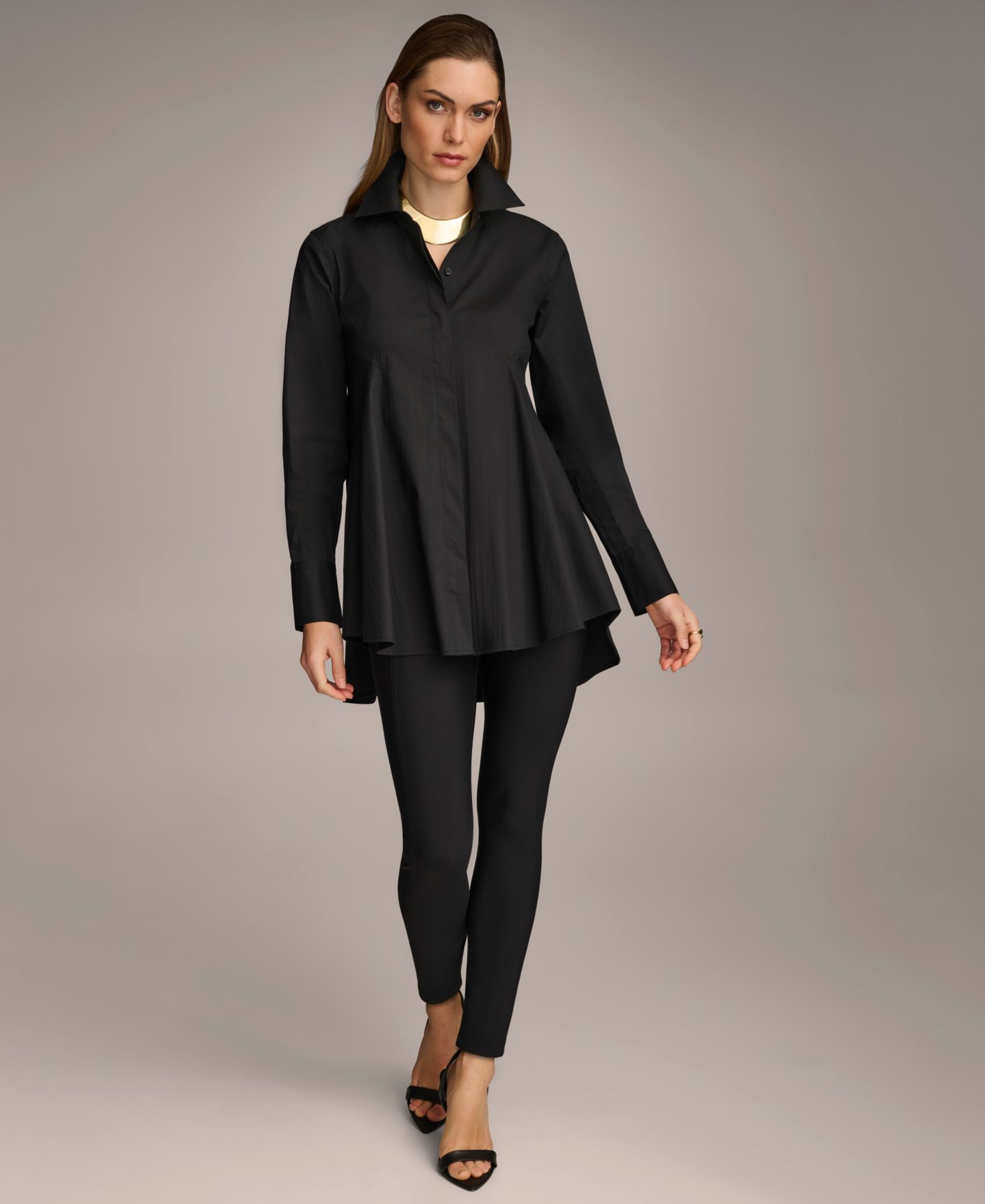 Женский топ Donna Karan New York A-Line Button-Down Poplin Tunic Top, цвет: Чёрный — фото 8