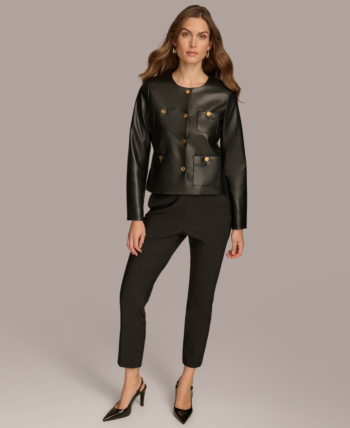 Donna Karan New York Women's Collarless Faux-Leather Jacket