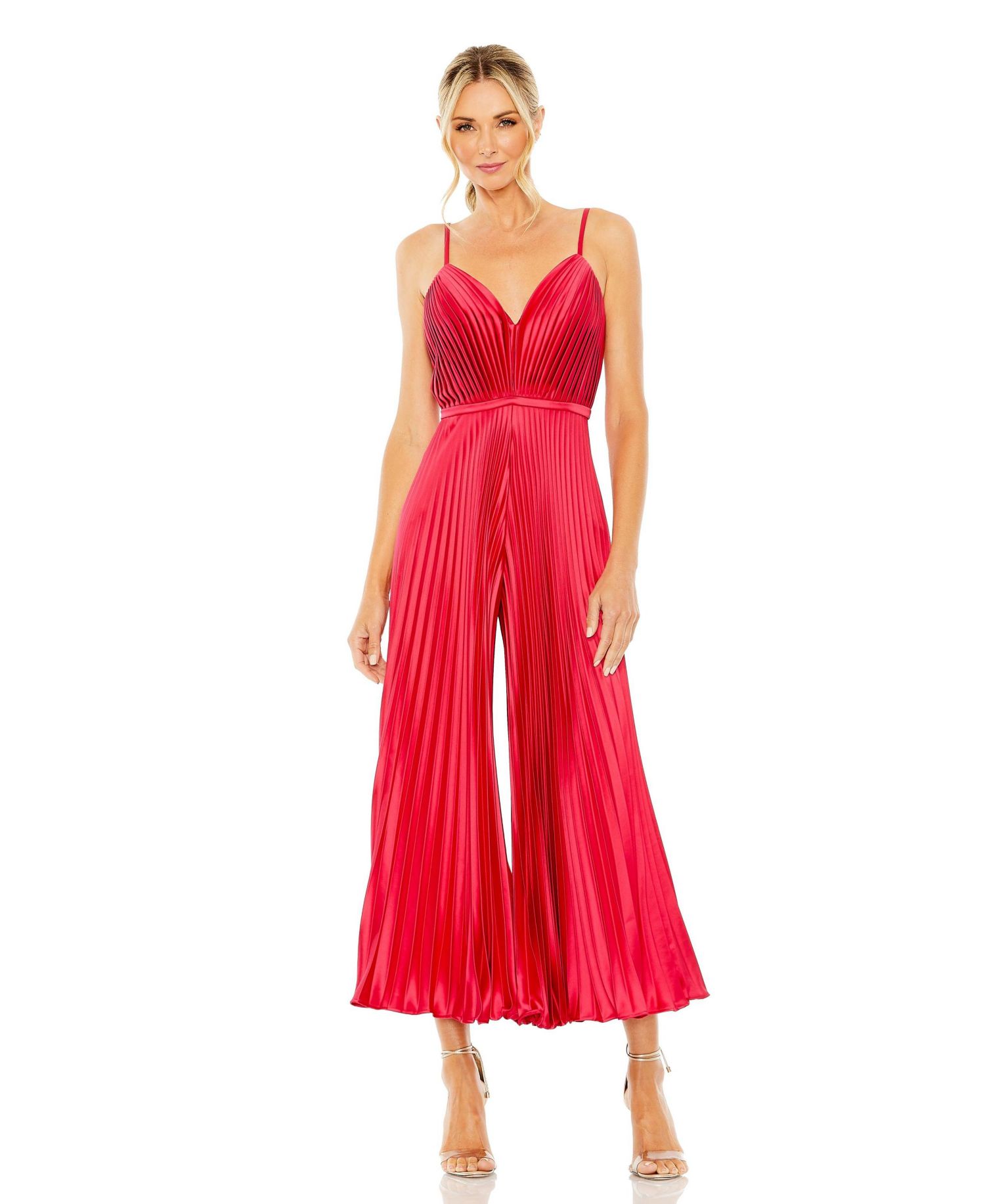 Women's Cropped Pleated V-Neck Wide Leg Jumpsuit