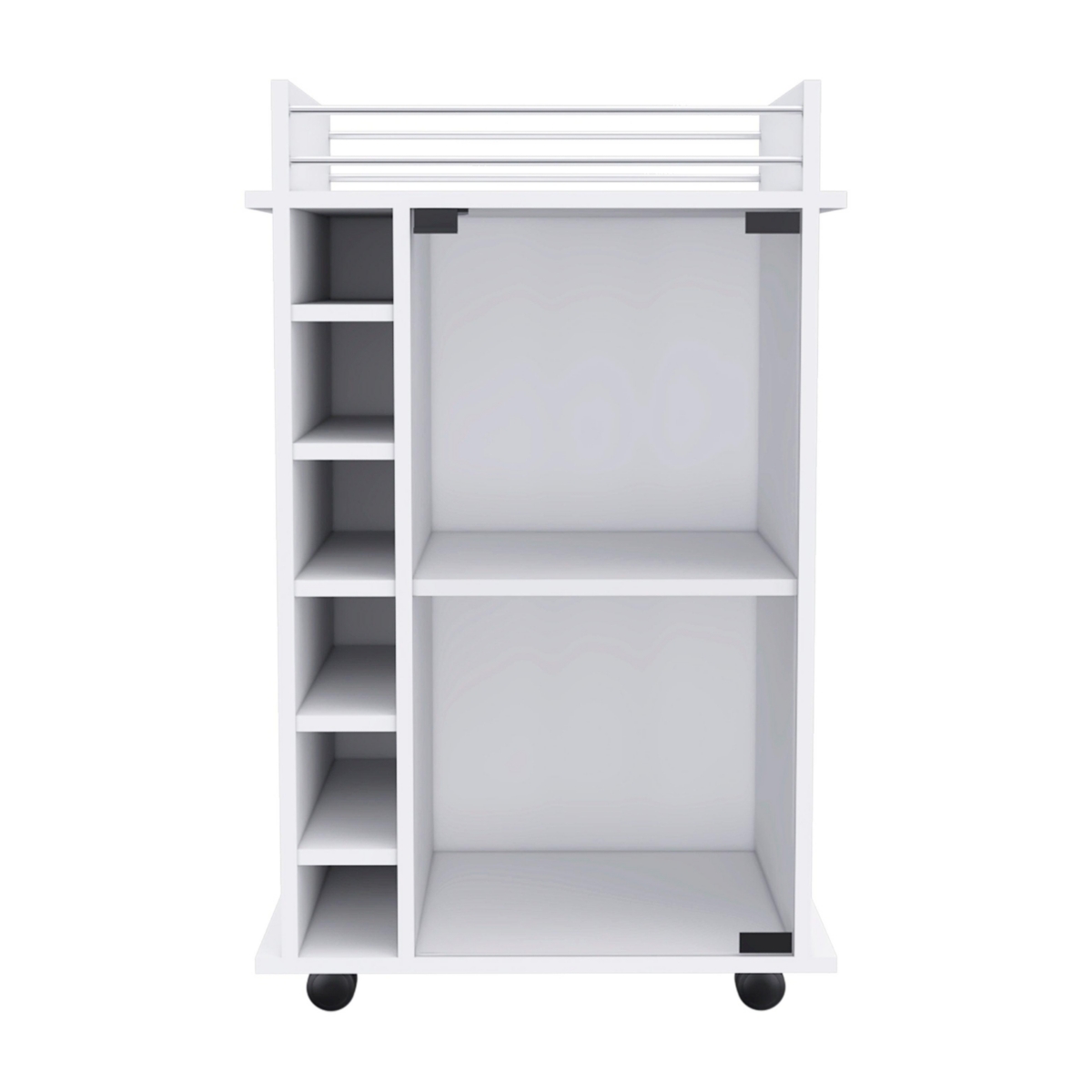 Depot E-Shop Huali Bar Cart, Six Built-in Wine Rack, Glass Door, Four Casters, Two Shelves