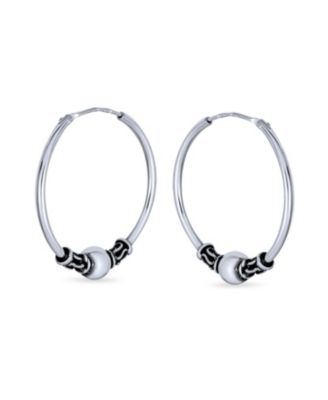 Bali Style Tribal Ball Bead Continuous Endless Round Hoop Earrings Oxidized .925 Sterling Silver 1 Inch Diameter