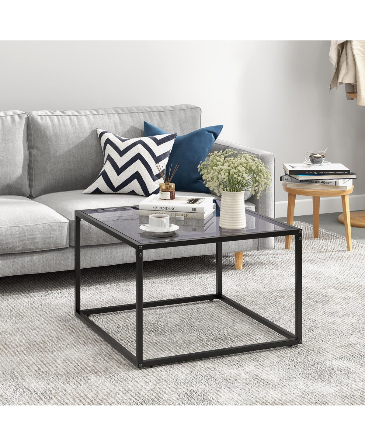 Gymax Glass Coffee Table Modern Square Metal Frame Living Room- Transparent+grey
