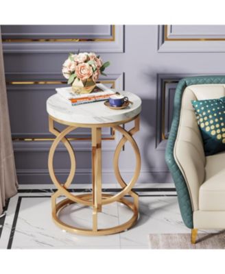 Set of 2 Round End Tables with Thick Wood Top, 20" Midcentury Accent Side Tables with Unique O-Shaped Base for Living Room