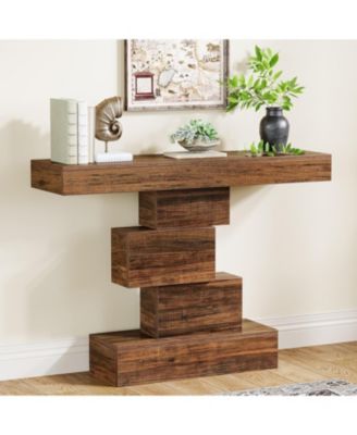 Farmhouse Console Table, 42.5-Inch Narrow Wood Sofa Table Behind Couch with Geometric Base, Industrial Entryway Accent Table