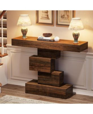 Farmhouse Console Table, 42.5-Inch Narrow Wood Sofa Table Behind Couch with Geometric Base, Industrial Entryway Accent Table