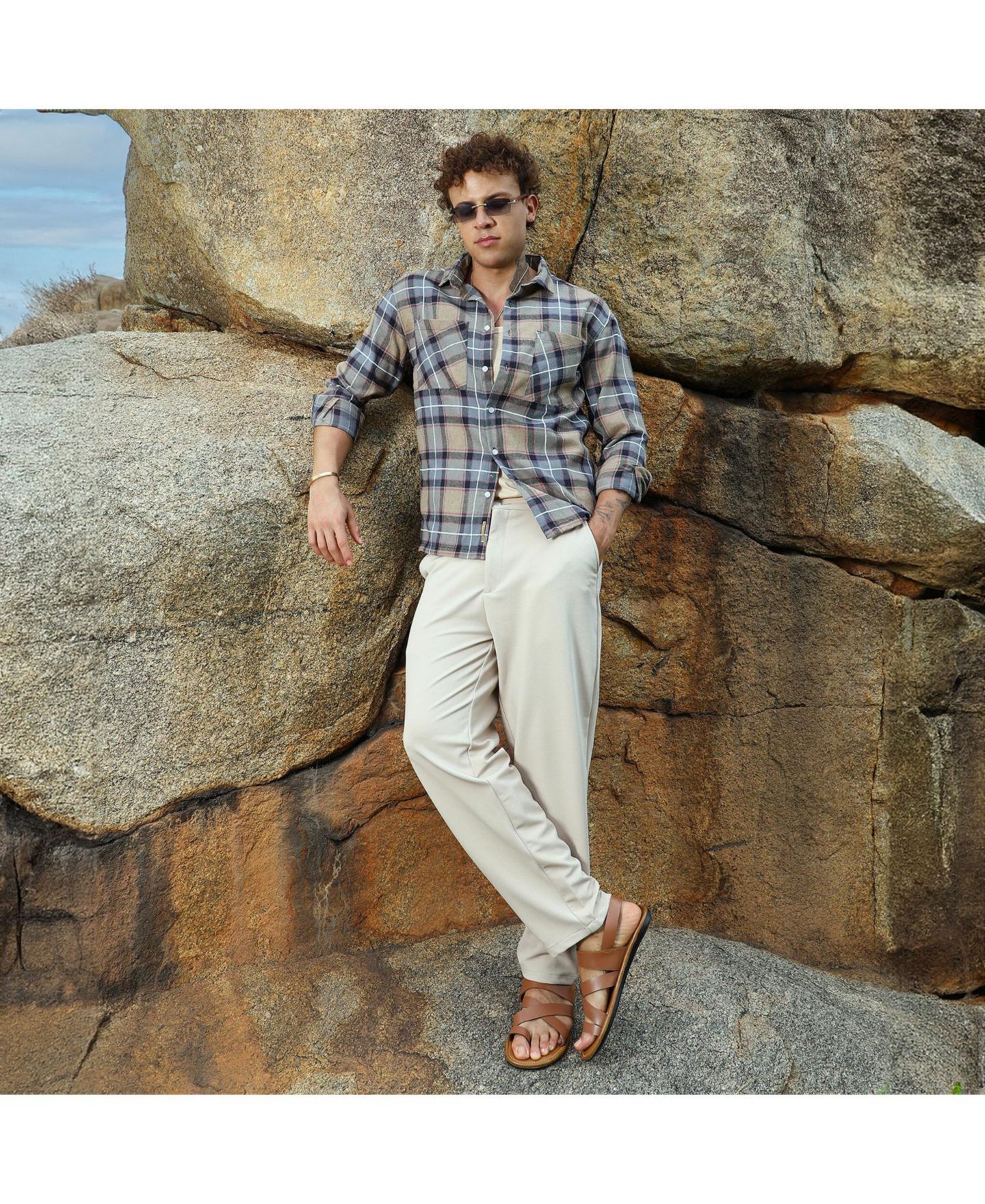 Мужская рубашка Cahoot Campus Sutra Icy Blue & Saltbox Beige Tartan Plaid Utility, цвет: Синий — фото 3