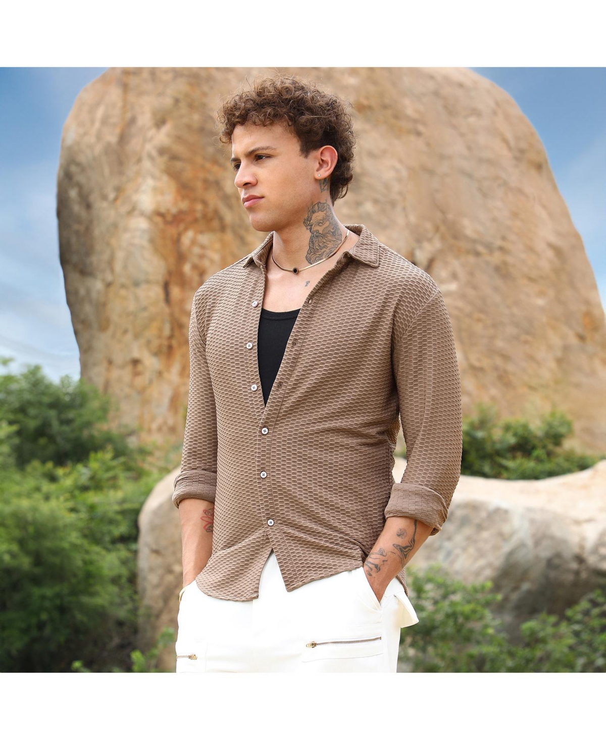 Campus Sutra Men's MochaHive-Textured Shirt - Brown