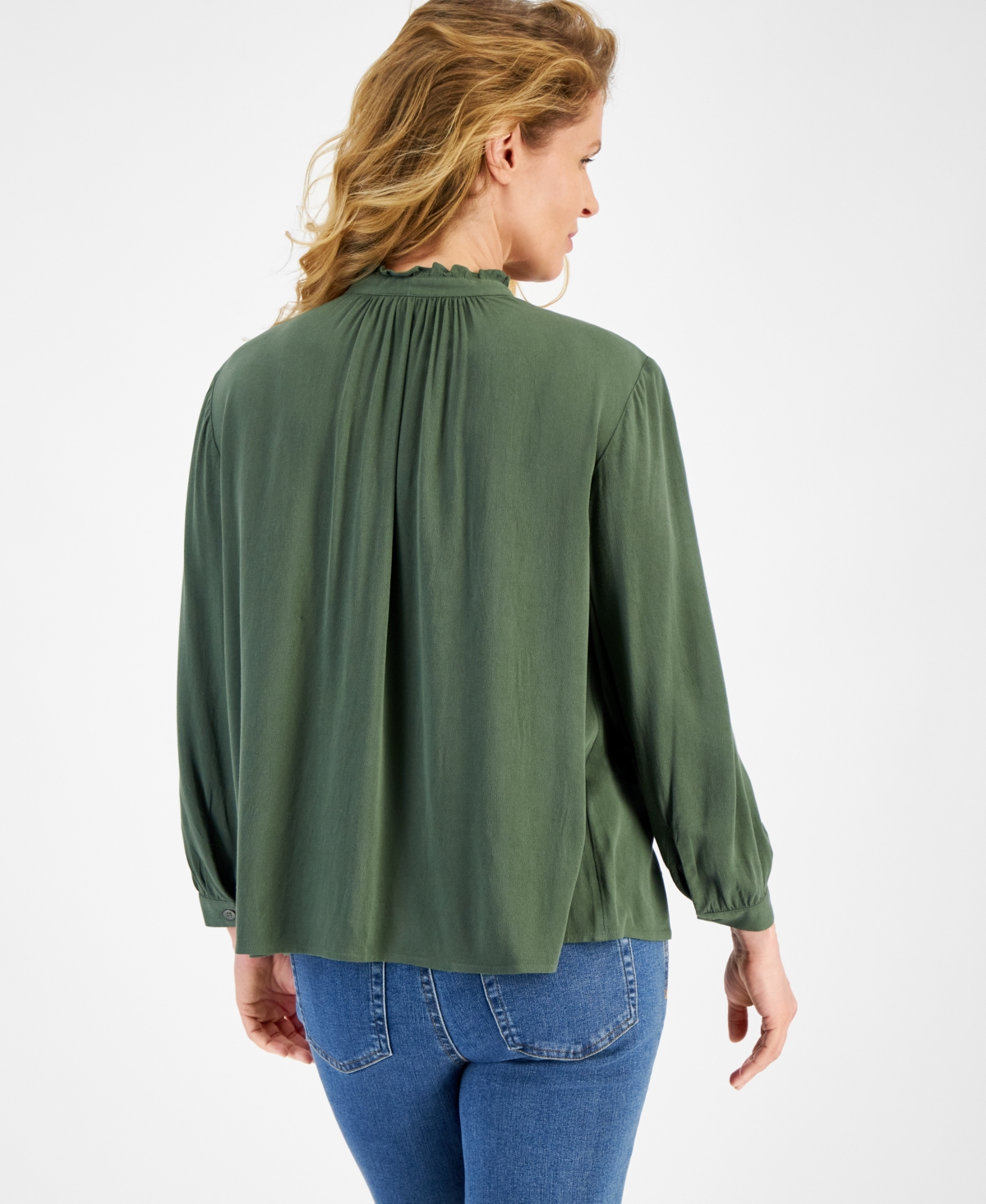 Style & Co Petite Ruffle-Neck Button-Front Long-Sleeve Top, Created for Macy's