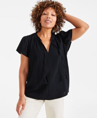 Petite Cotton Flutter-Sleeve Ruffle Top, Created for Macy's 