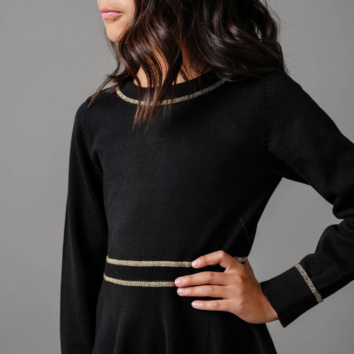 Hope & Henry Little Girls Organic Long Sleeve Ruffle Collar Sweater Dress - Black with gold
