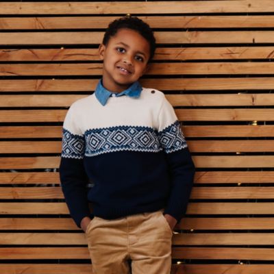 Boys Organic Long Sleeve Intarsia Crew Neck Pullover Sweater with Buttons