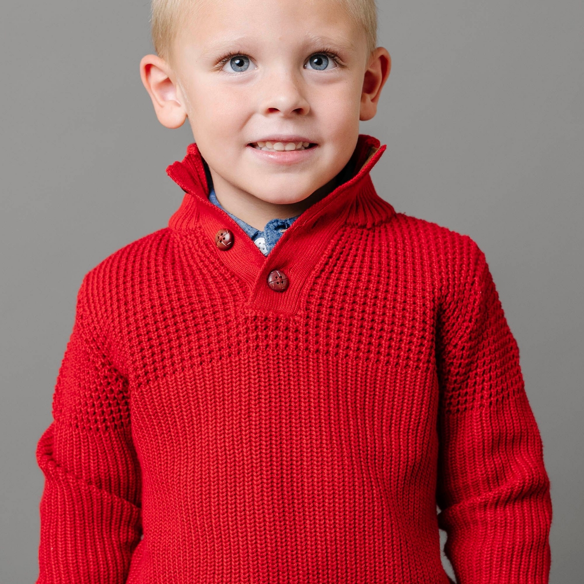 Hope & Henry Boys Organic Long Sleeve Mock Neck Mix Stitch Button Sweater with Elbow Patches