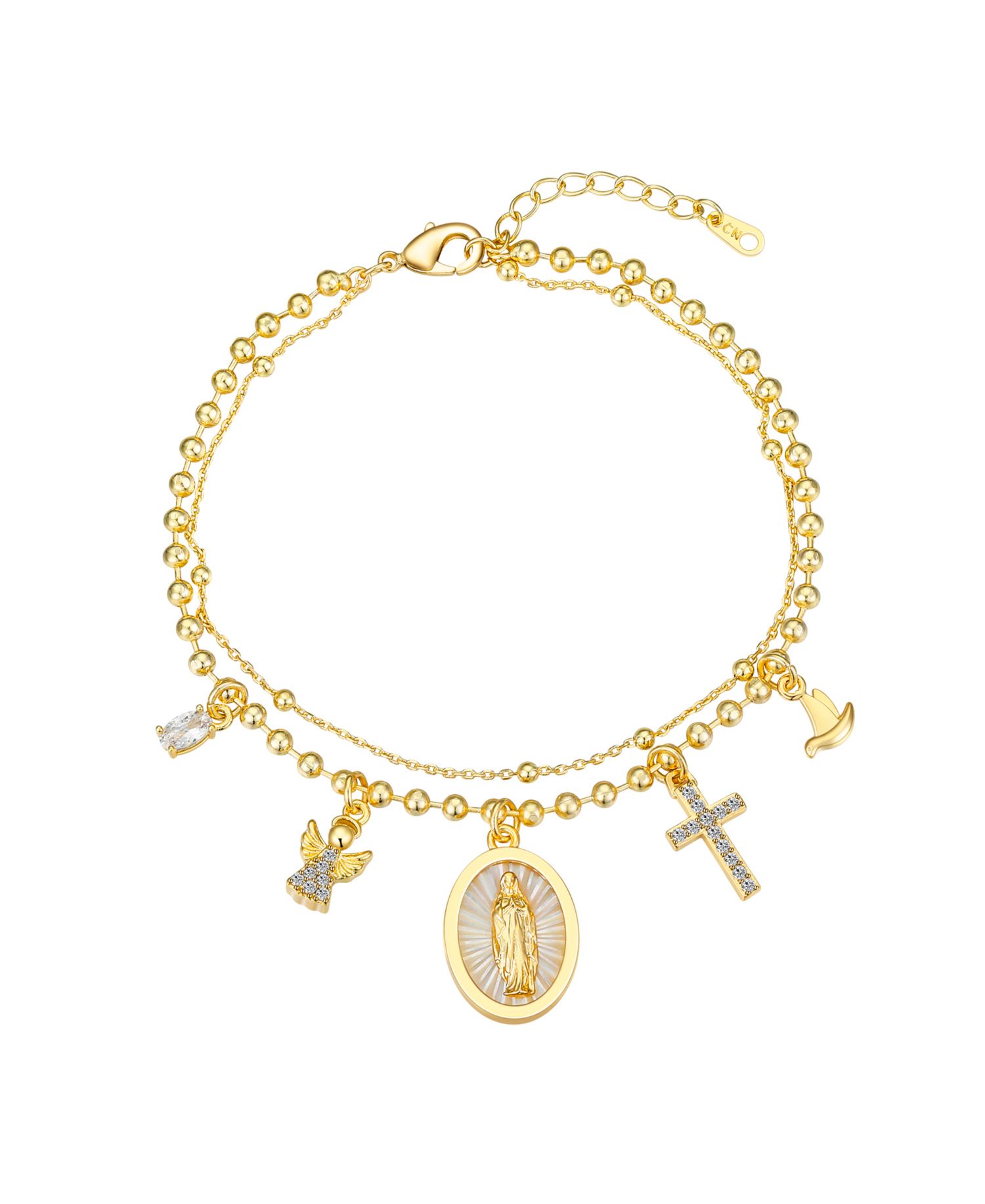 Cubic Zirconia and Mother of Pearl Virgin Mary Angel Cross Dove Bracelet