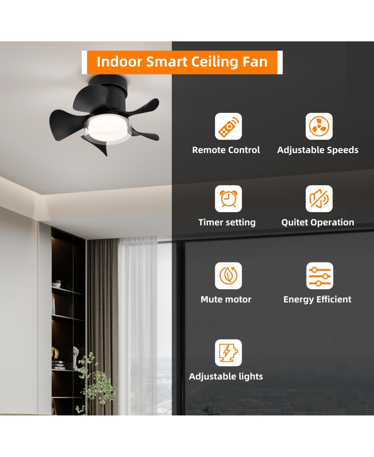 Slickblue Low Noise MatteAbs Blade Ceiling Fan with Remote & Led Light – Ideal for Kitchen, Bedroom, Dining Room, Patio - Black