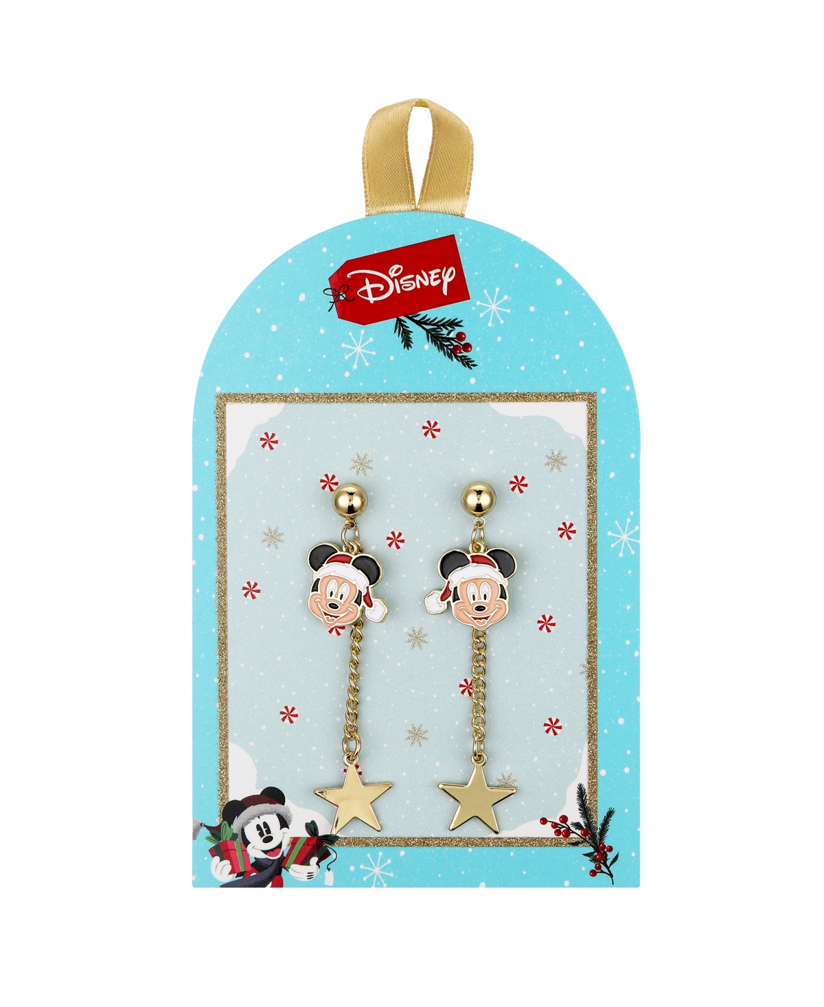 Disney Gold Micky Mouse Bow And Wreath Stud Drop Earrings In Gold
