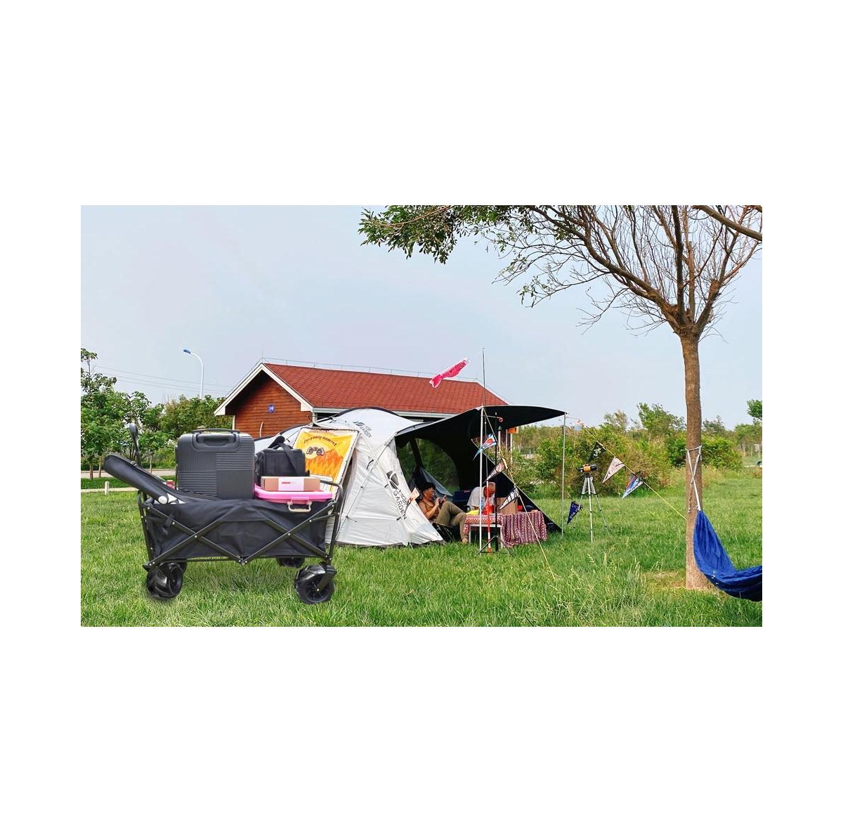 Slickblue Collapsible Heavy-Duty Beach Wagon Cart – Outdoor Folding Utility with Universal Wheels & Adjustable Handle - Black