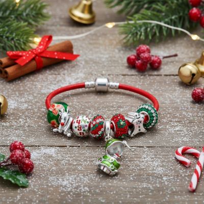Secret SANTA Charm Bracelet with Locket Bead & Holiday Reindeer Gingerbread Man